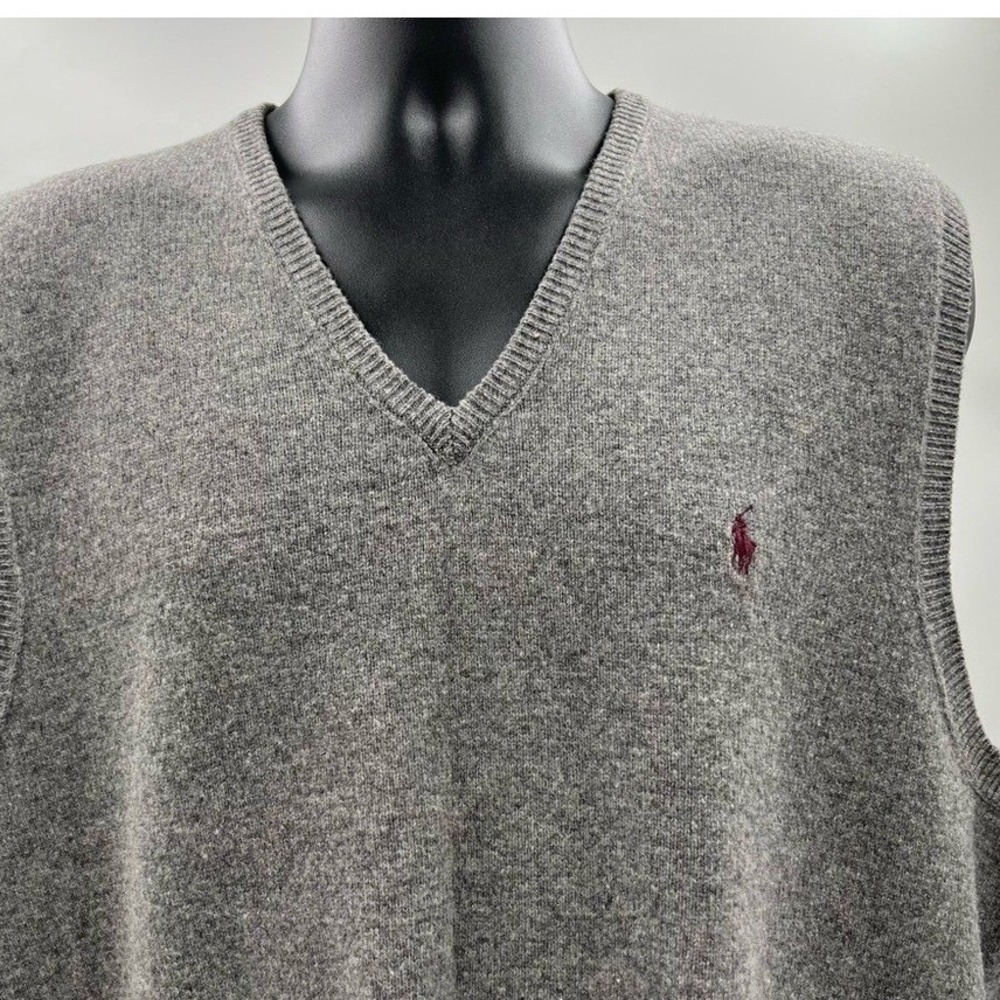 Polo Ralph Lauren Mens XL Lambswool V-Neck Sweater Vest Grey Italian Yarn Logo